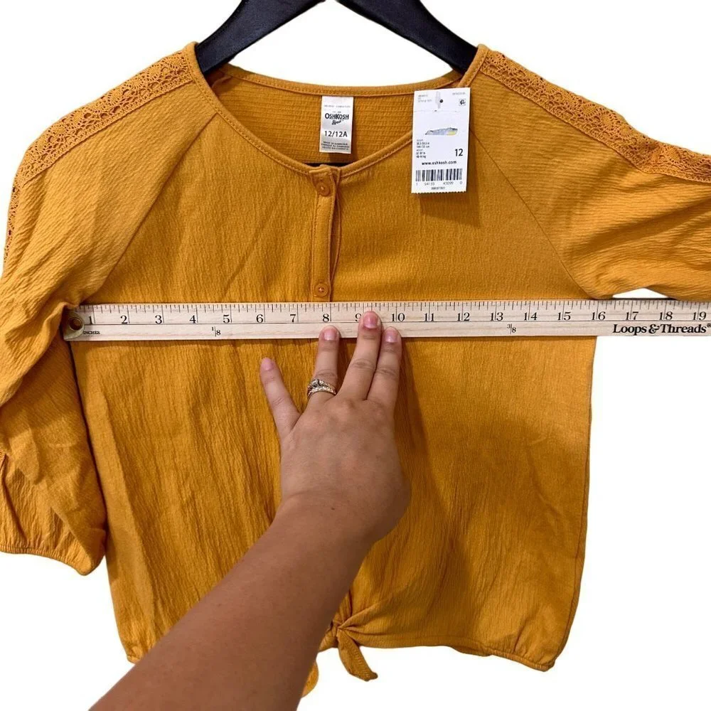 3/$30 NWT OshKosh B'gosh Mustard Tie-Up Shirt w/‎ Lace Detail - Girls Size 12